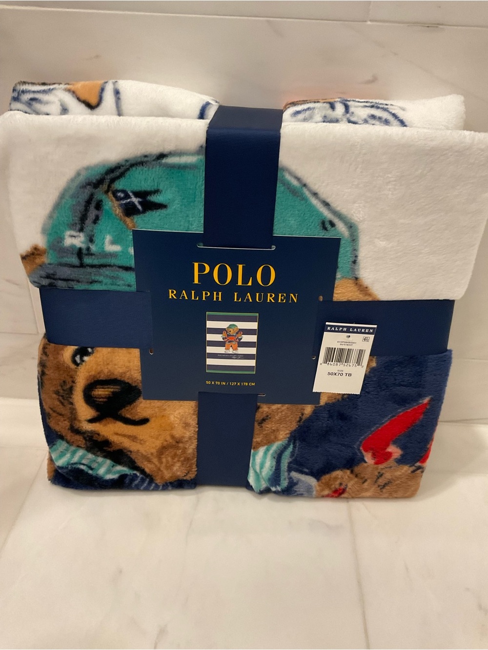 NWT POLO Ralph Lauren Striped SEASIDE NANTUCKET BEAR 50” X 70” Fleece Blanket